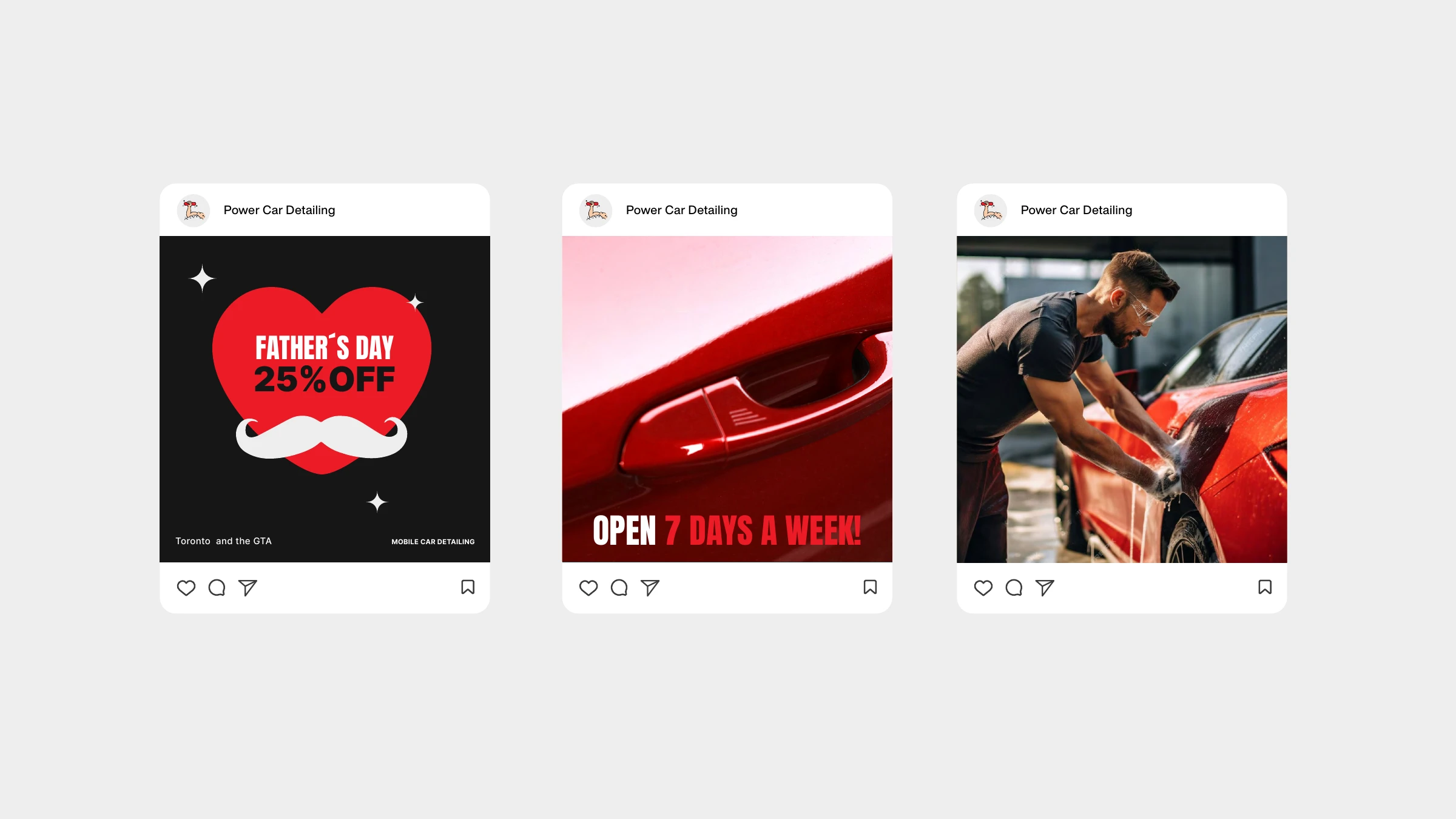Power Car Detailing Instagram posts — Father's Day 25% off, open 7 days a week