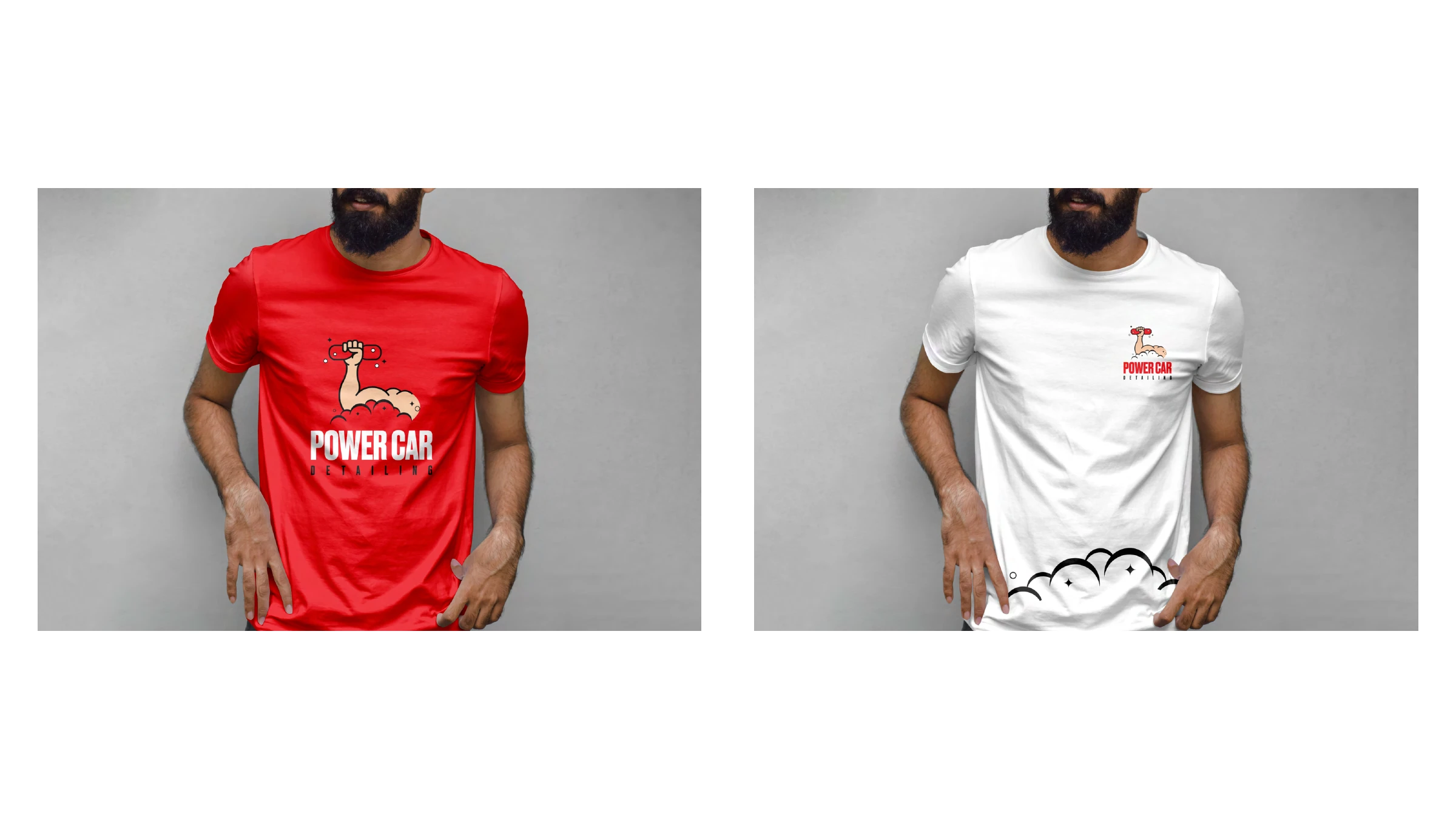 Power Car Detailing team t-shirts in red and white with the icon