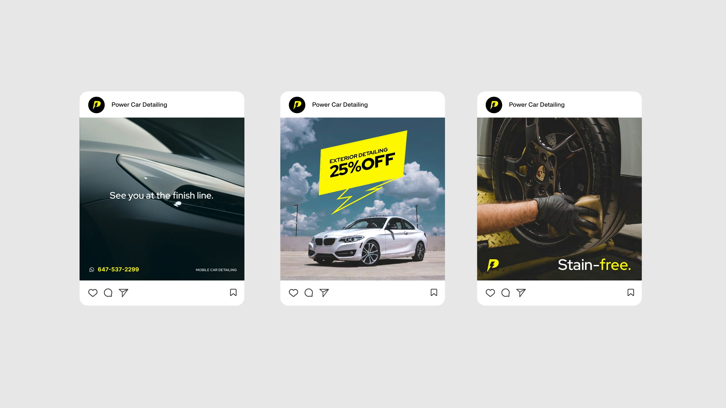 Power Car Detailing Instagram posts — see you at the finish line, exterior detailing 25% off, stain-free
