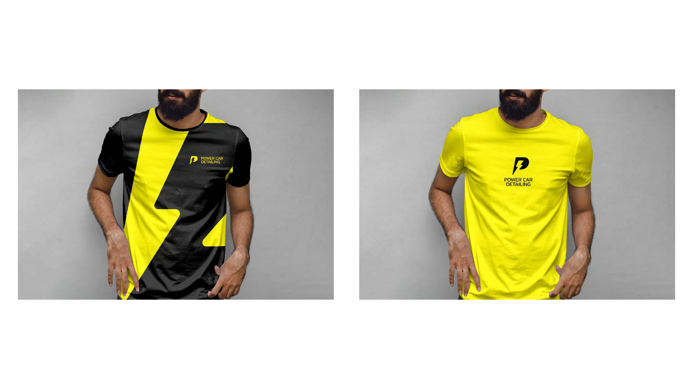 Power Car Detailing apparel — black-and-yellow lightning tee and a yellow logo tee