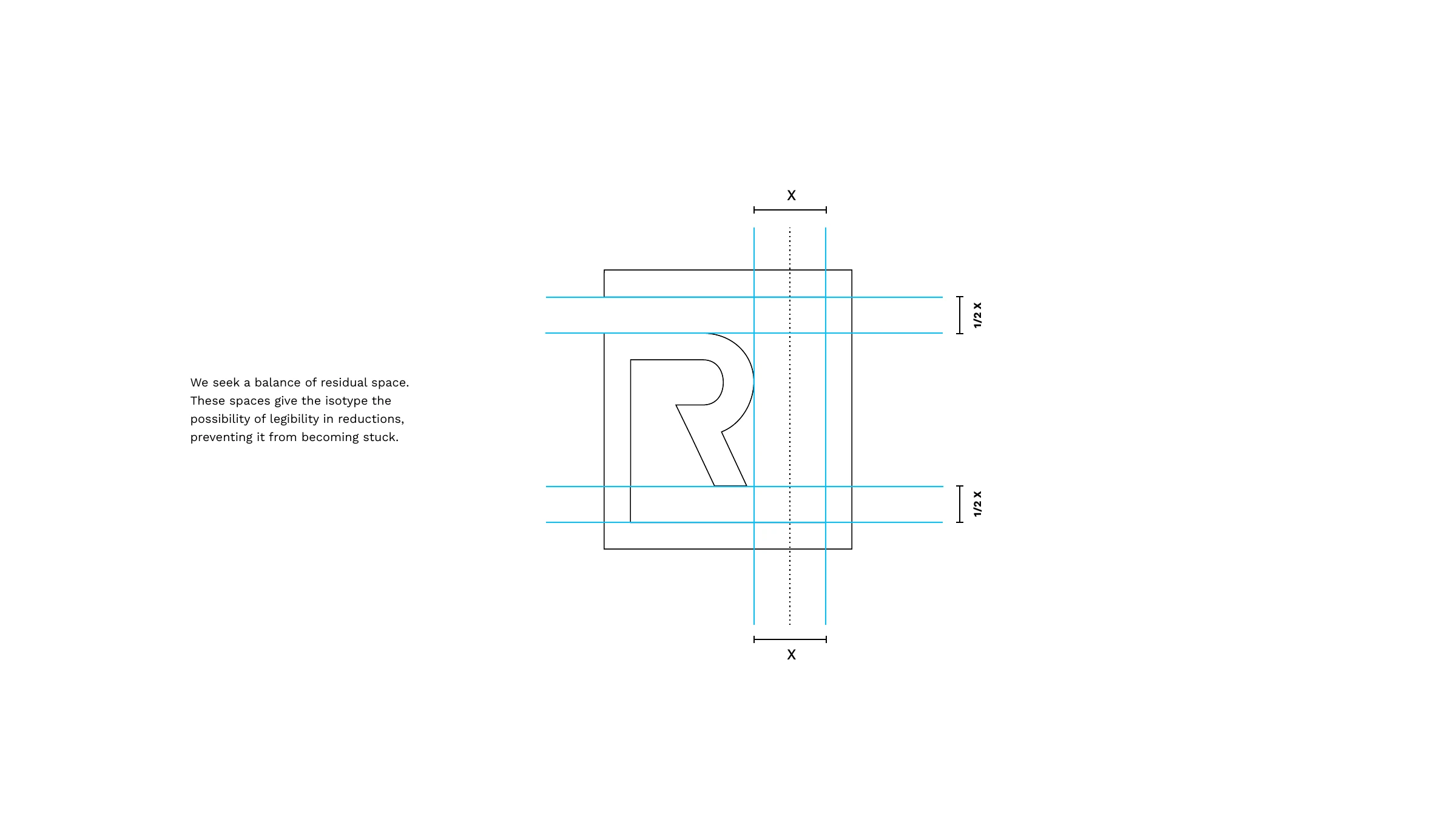 The monogram construction grid — balancing the residual space so the mark stays legible in reductions