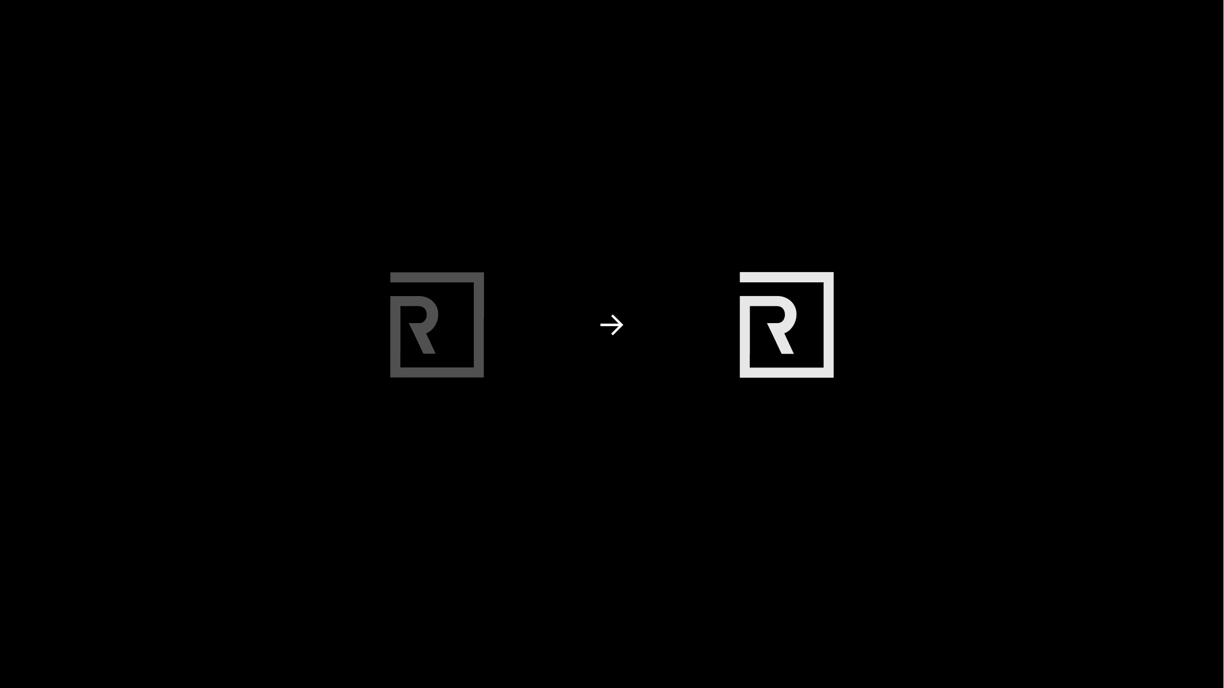 The R-in-a-square monogram refined from grey to a crisp white mark