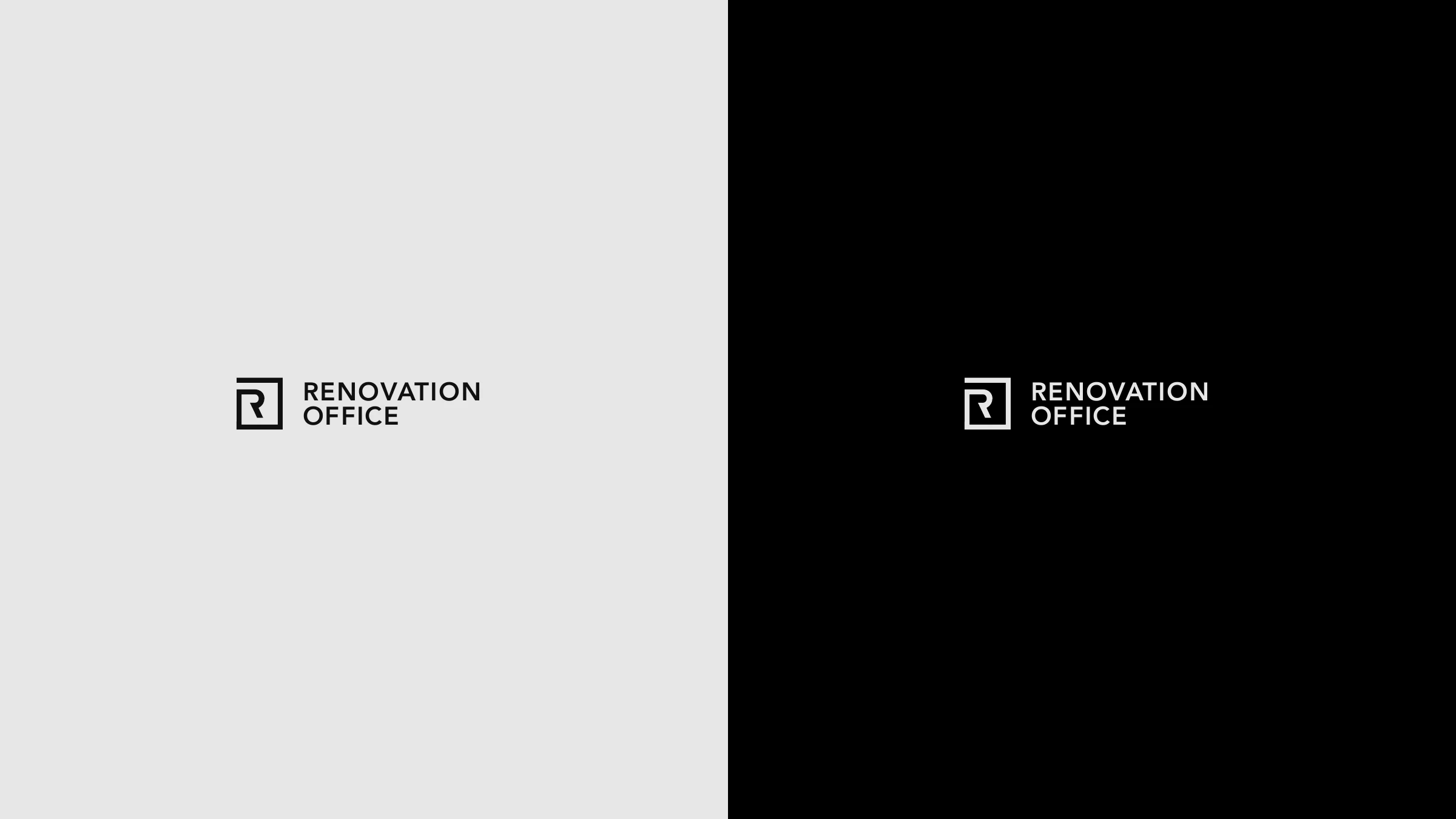 The full Renovation Office lockup on light grey and on black