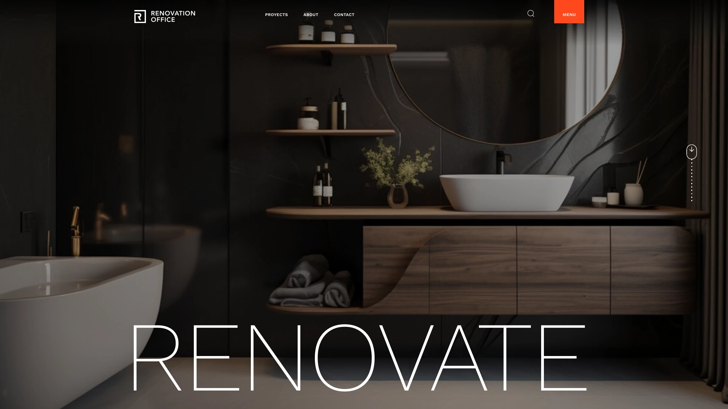 The Renovation Office website homepage — 'RENOVATE' over a dark, warm bathroom interior