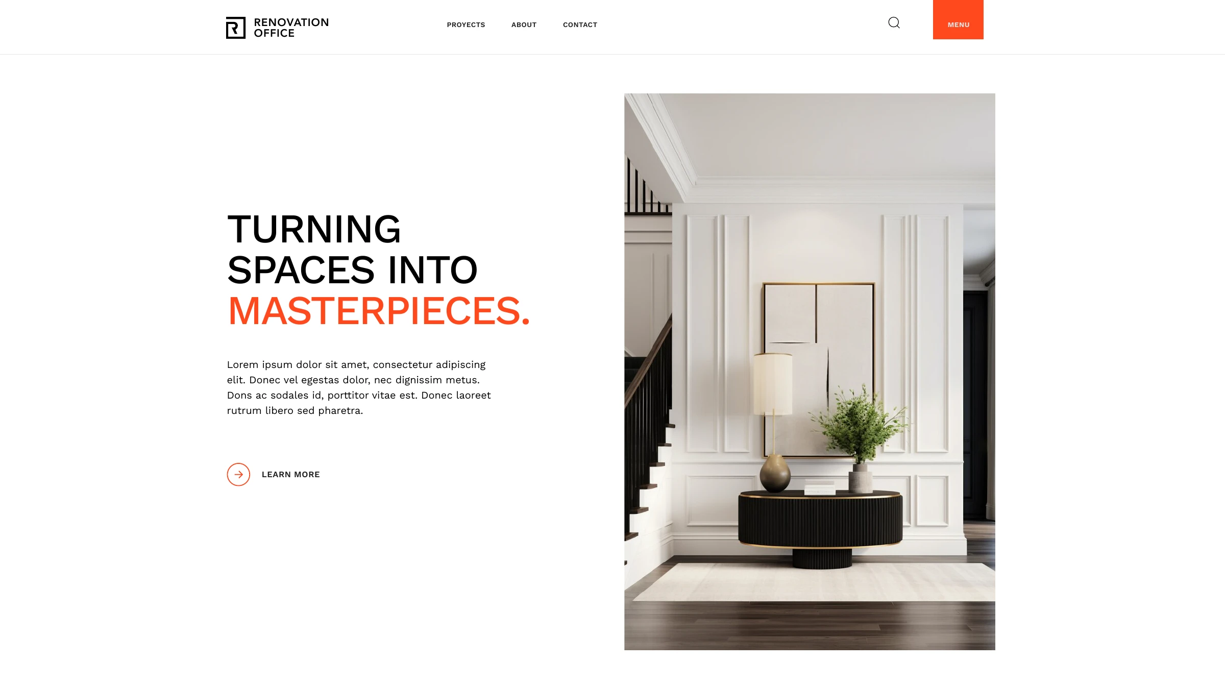 Website section — Turning spaces into masterpieces — with a bright panelled interior