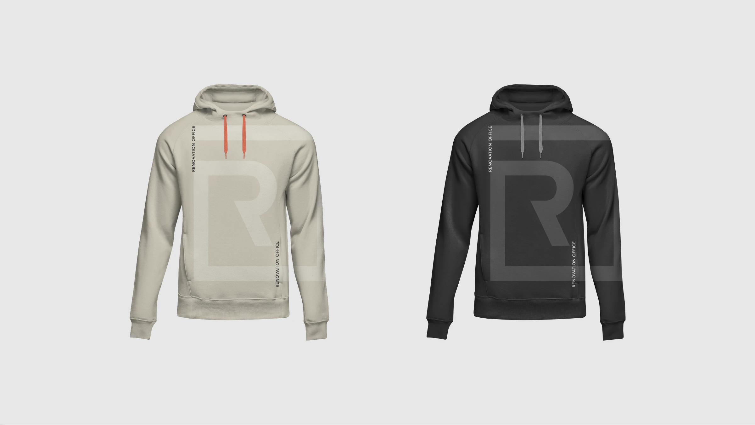 Renovation Office hoodies in taupe and black with the oversized R monogram