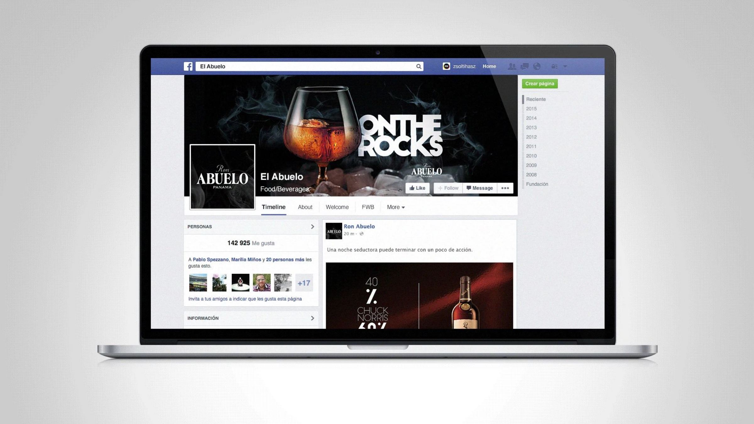 The Ron Abuelo Facebook page in context — the 'On The Rocks' cover and a live feed