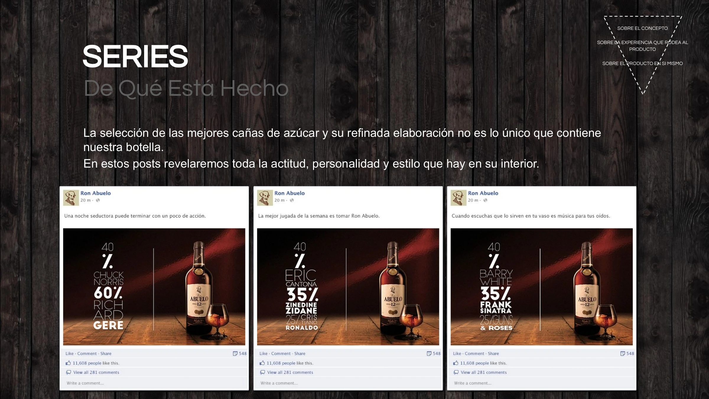 Series — De Qué Está Hecho: playful '40% / 60%' personality posts with the bottle