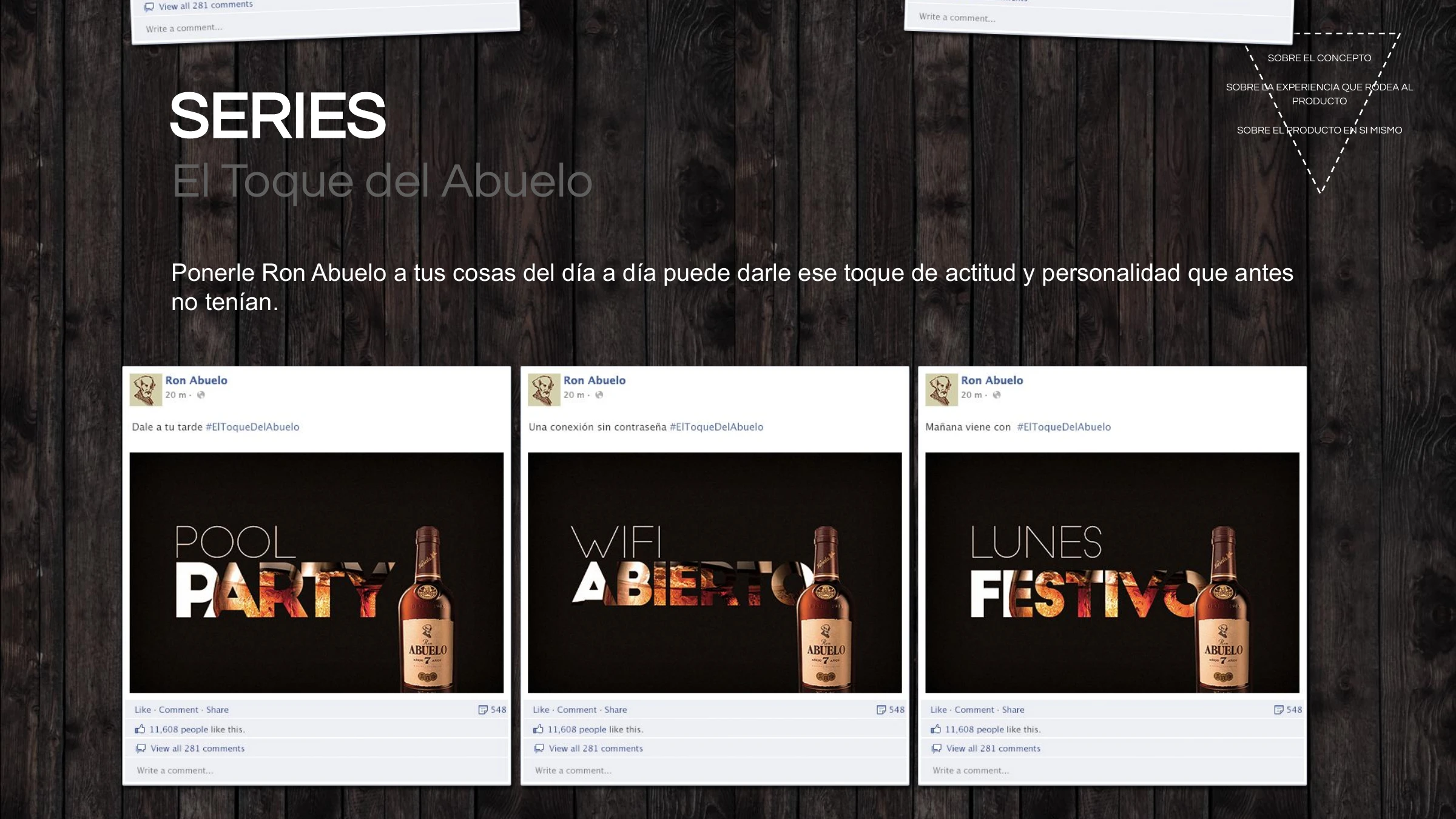 Series — El Toque del Abuelo: type-in-photo posts like 'Pool Party' and 'Wifi Abierto'