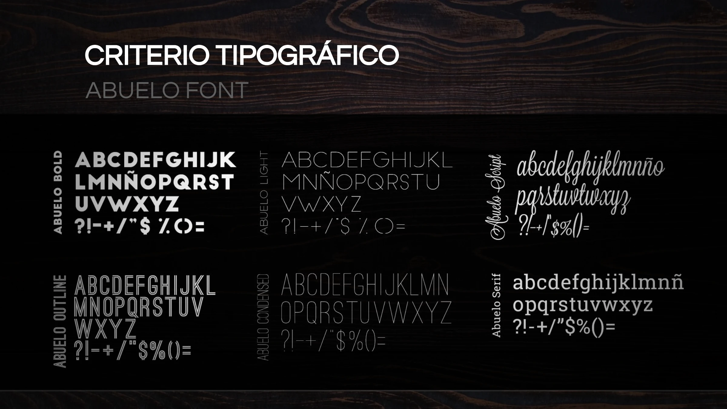 Abuelo Font specimens — full alphabets across the six styles