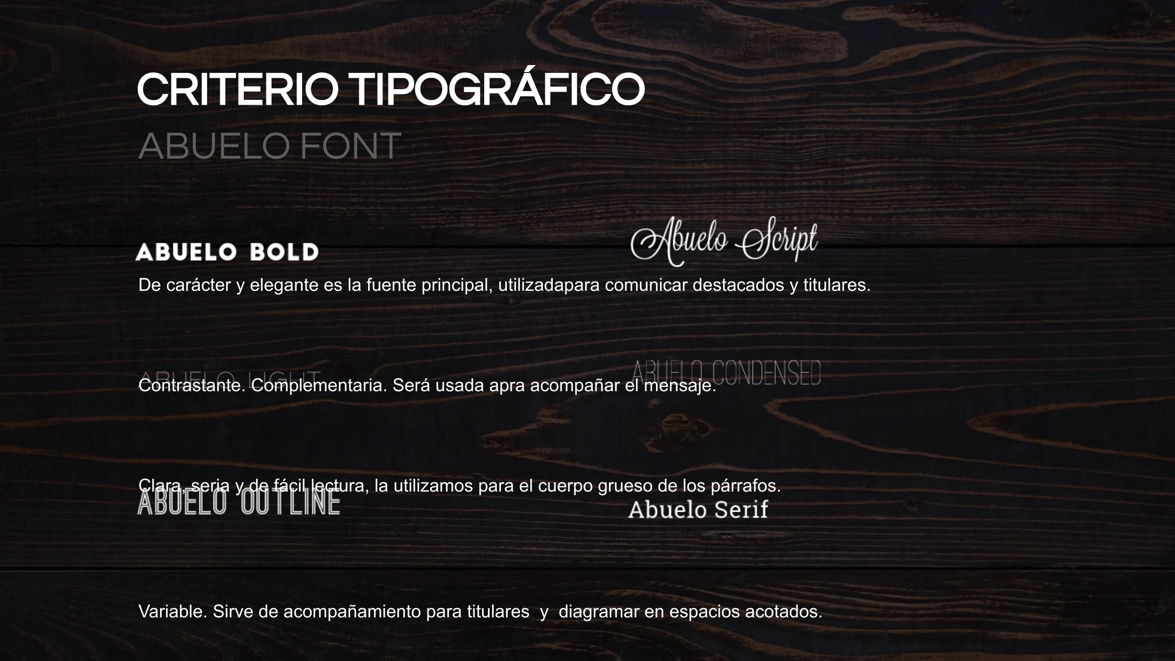 The bespoke Abuelo Font family — Bold, Script, Light, Condensed, Outline and Serif