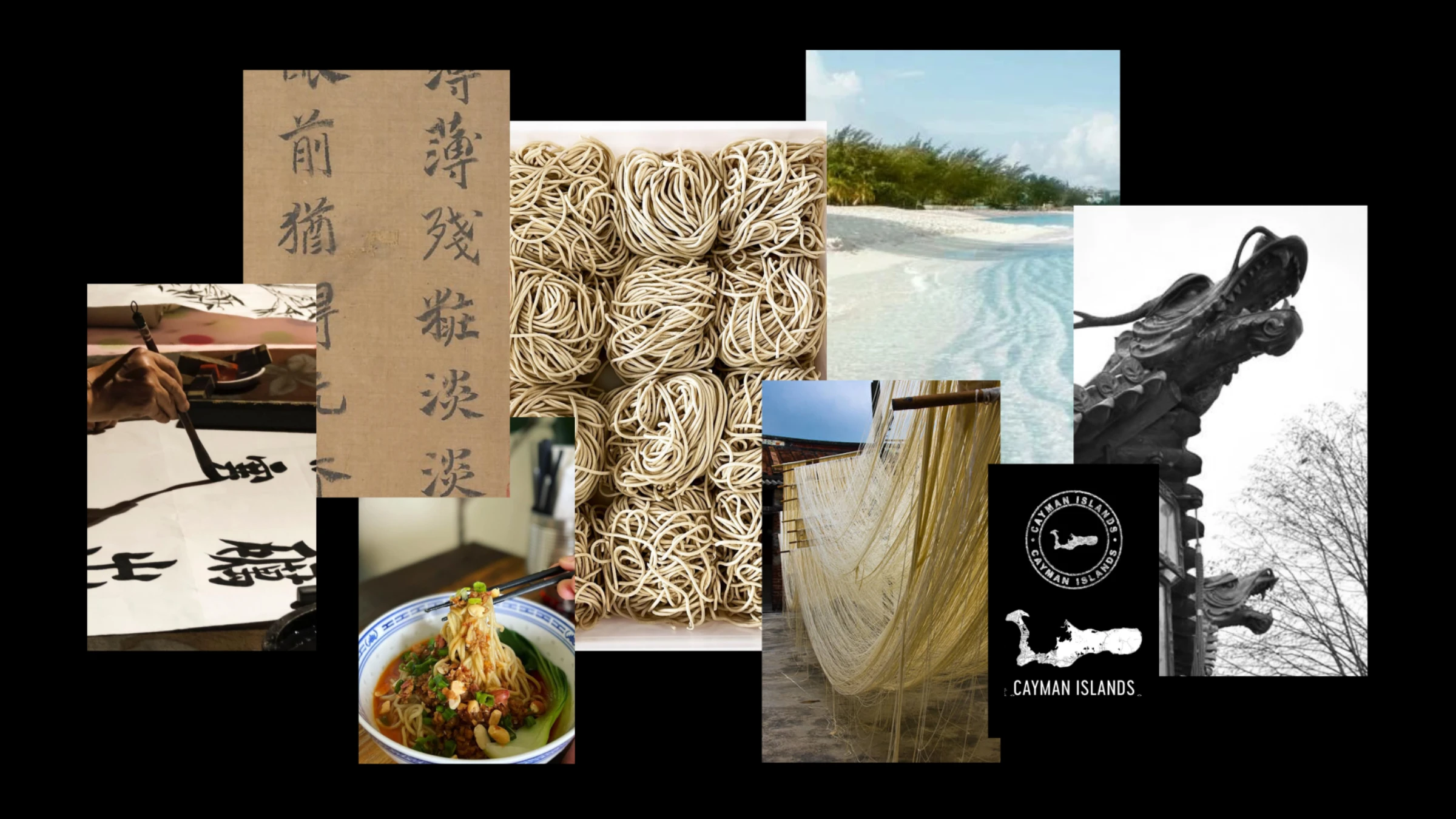 San Si Wu moodboard — Chinese calligraphy, hand-pulled noodles, a Cayman beach and a temple dragon