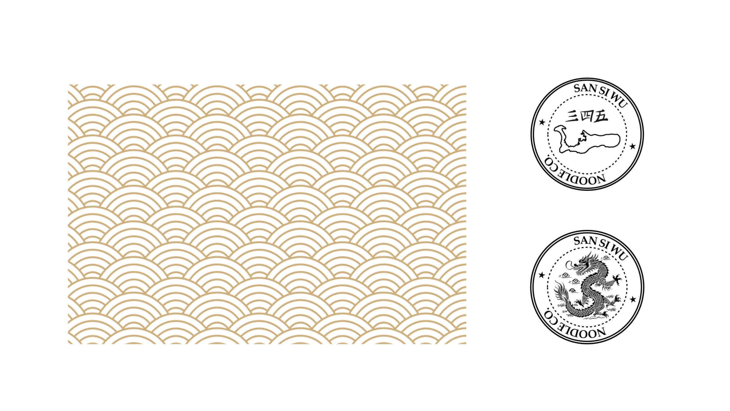 The gold seigaiha wave pattern with the dragon and Cayman-island circular stamps
