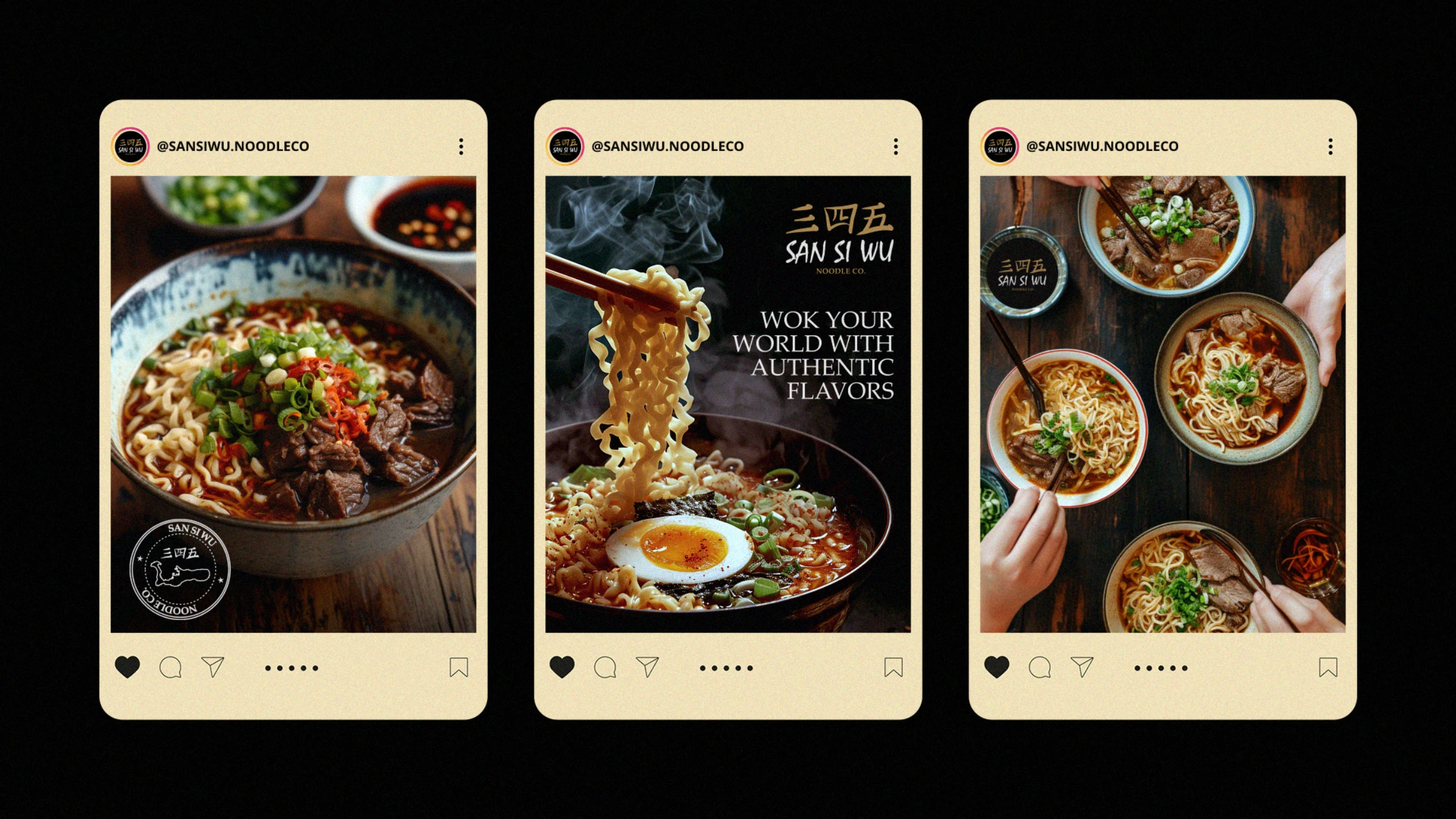 San Si Wu Instagram posts — steaming bowls of noodles, wok your world with authentic flavors