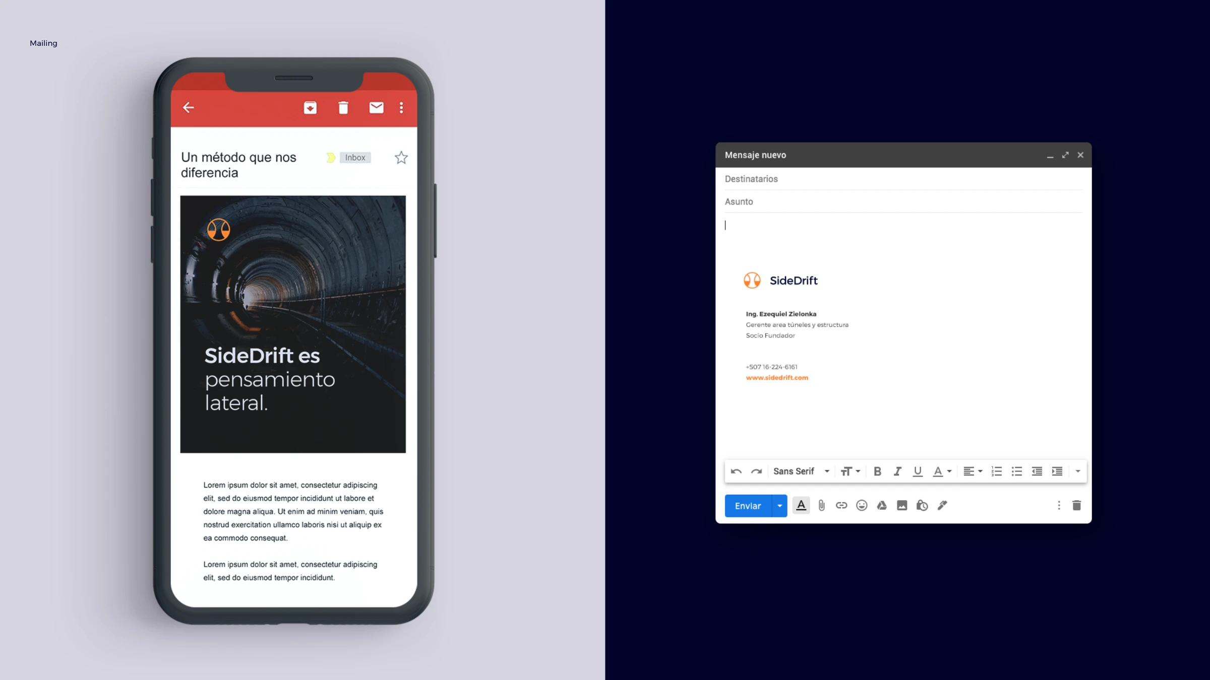 SideDrift email — a branded mailer on mobile and a Gmail signature lockup