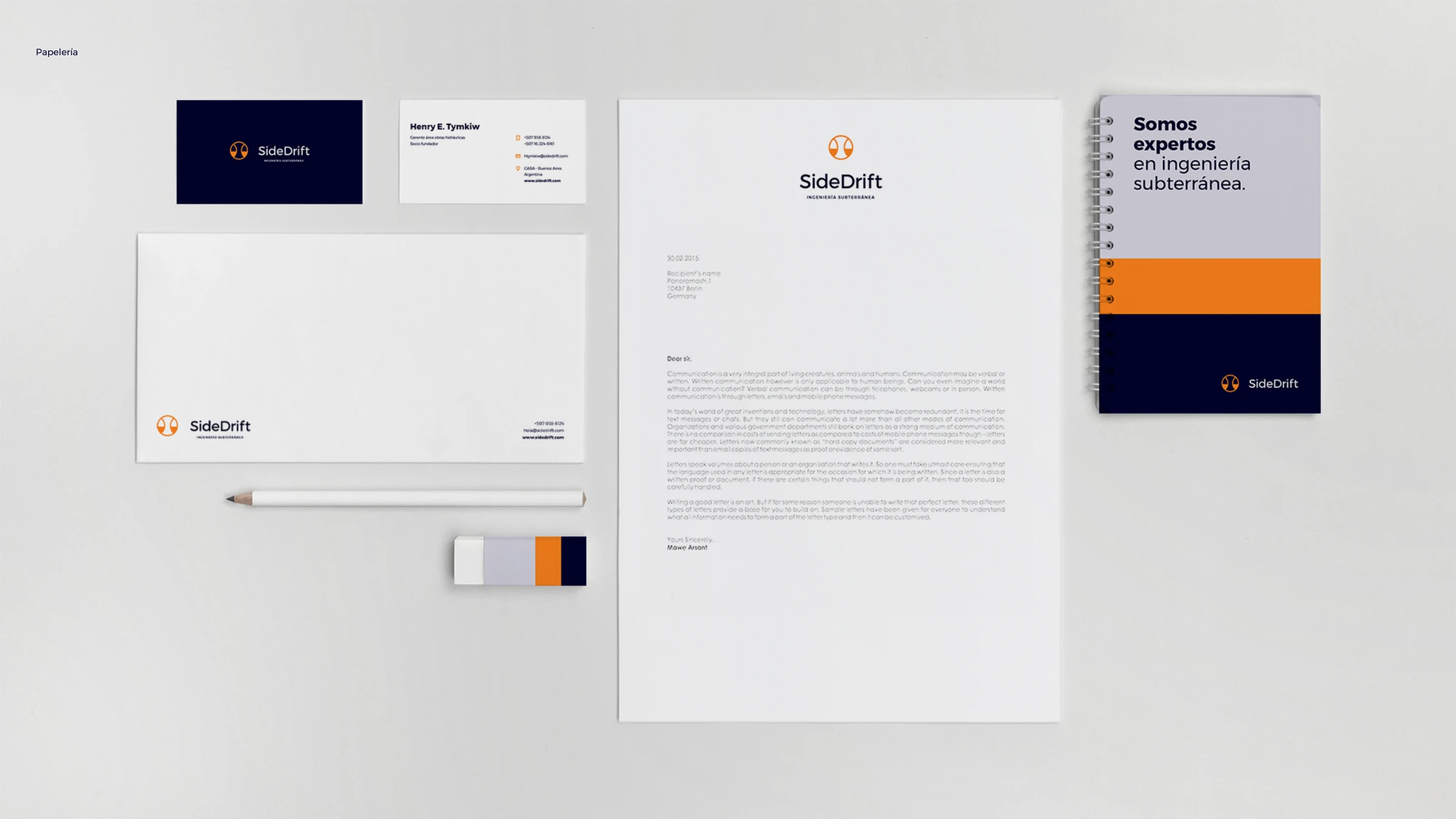 SideDrift stationery — letterhead, envelope, business cards and a branded notebook