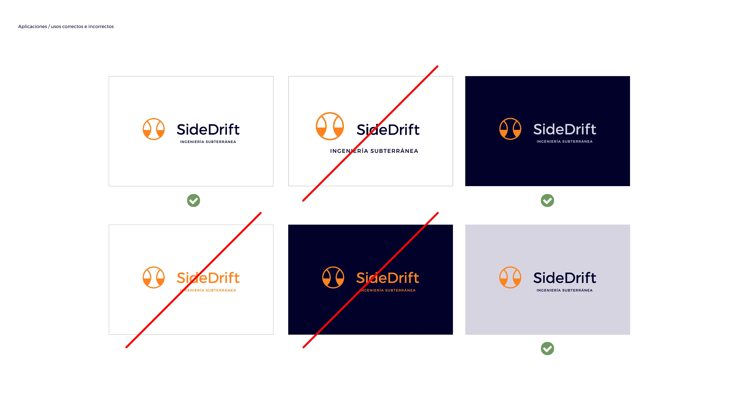 Correct and incorrect logo usage across white, navy and grey backgrounds