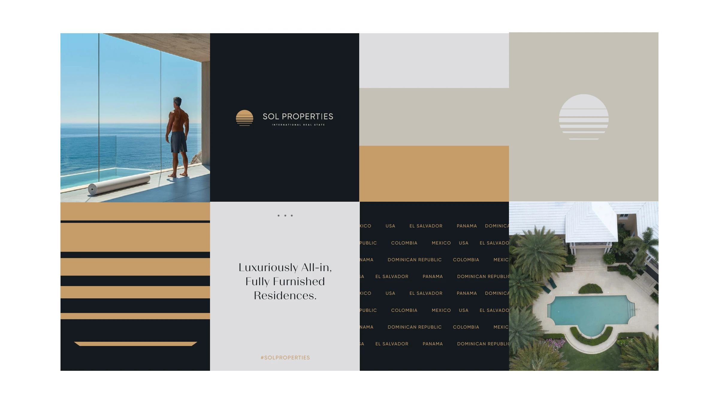 Sol Properties brand collage — oceanfront villa, gold logo, 'Luxuriously All-in, Fully Furnished Residences', global markets