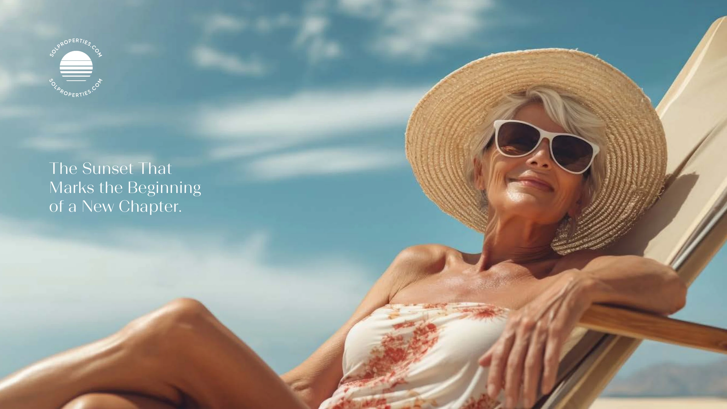 A woman in a beach chair under the Sol stamp — the sunset that marks the beginning of a new chapter