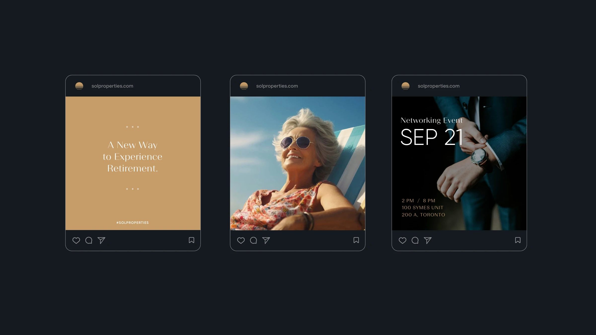 Sol Properties Instagram posts — A New Way to Experience Retirement and a Sep 21 networking event