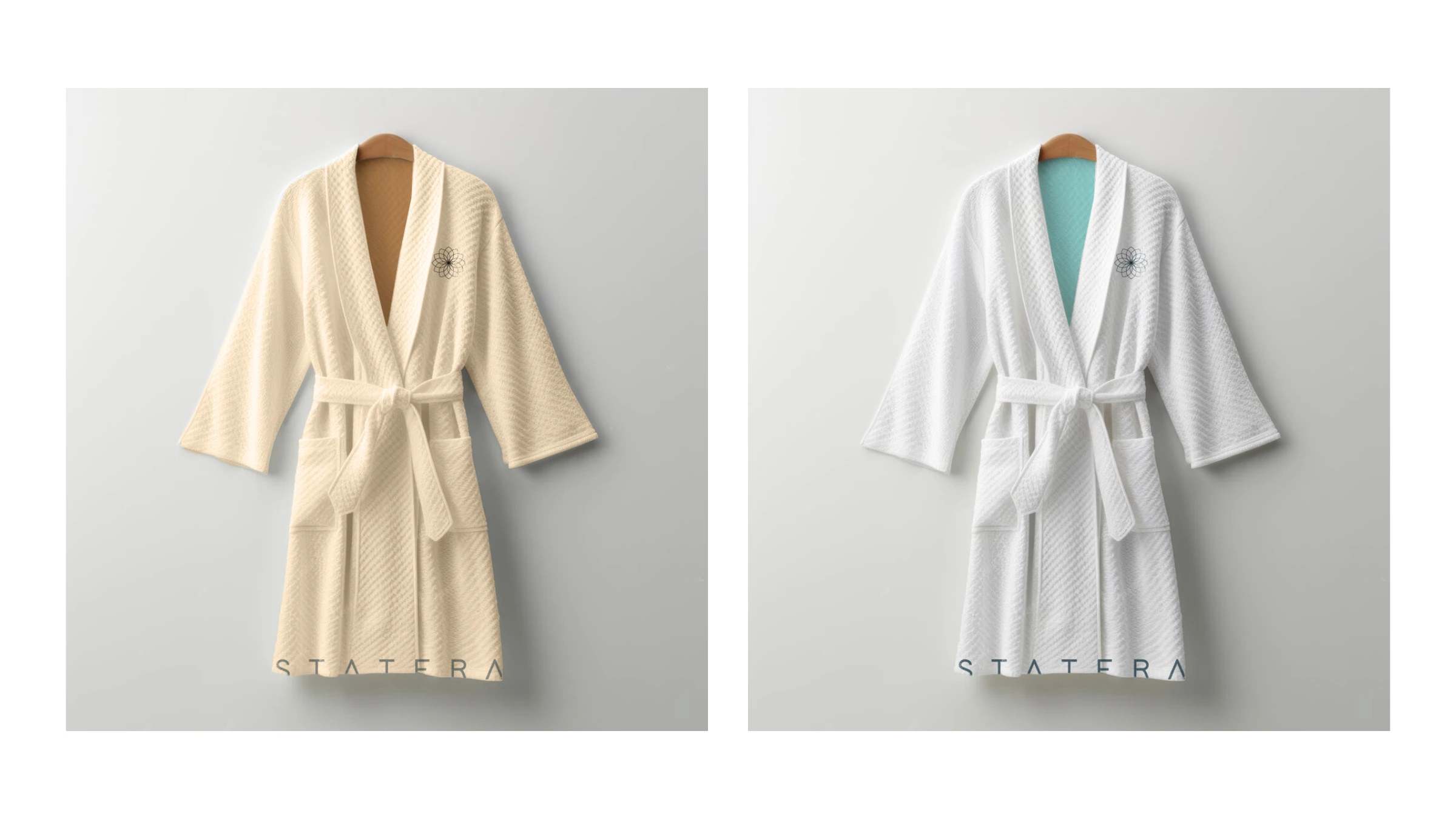 Statera spa robes in cream and white with the embroidered lotus mark