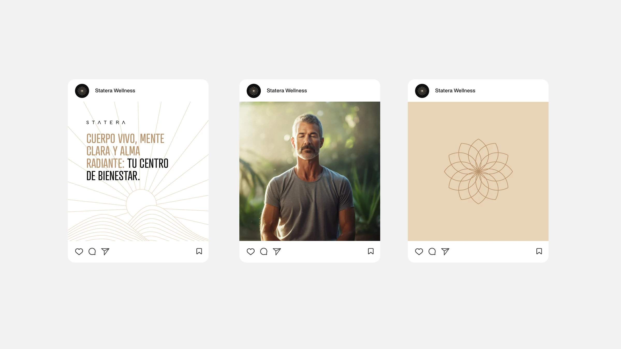Statera Instagram posts in the warm palette — cuerpo vivo, mente clara y alma radiante, with the gold mandala