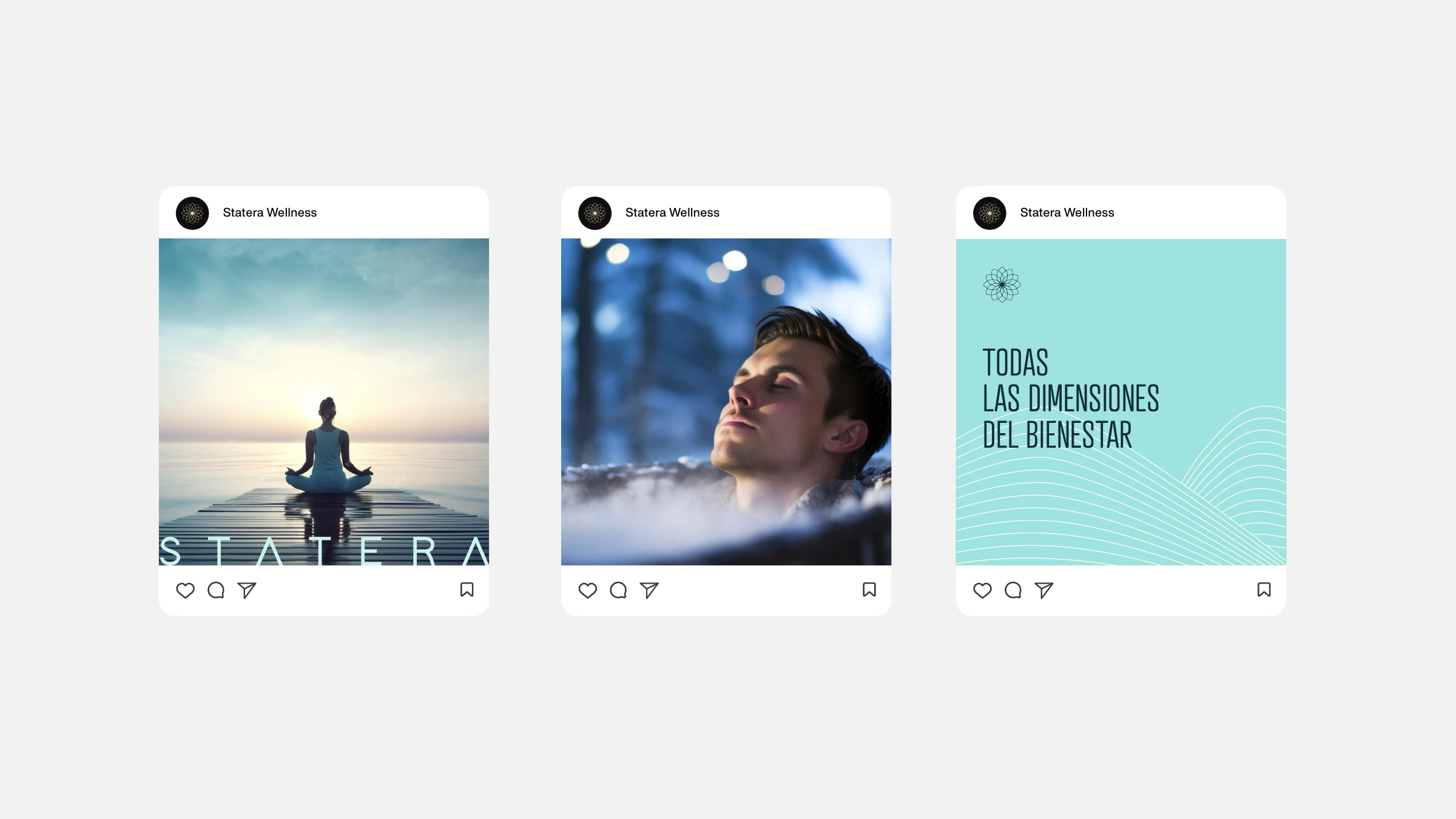 Statera Instagram posts in the cool palette — yoga at sunset, a spa moment, todas las dimensiones del bienestar