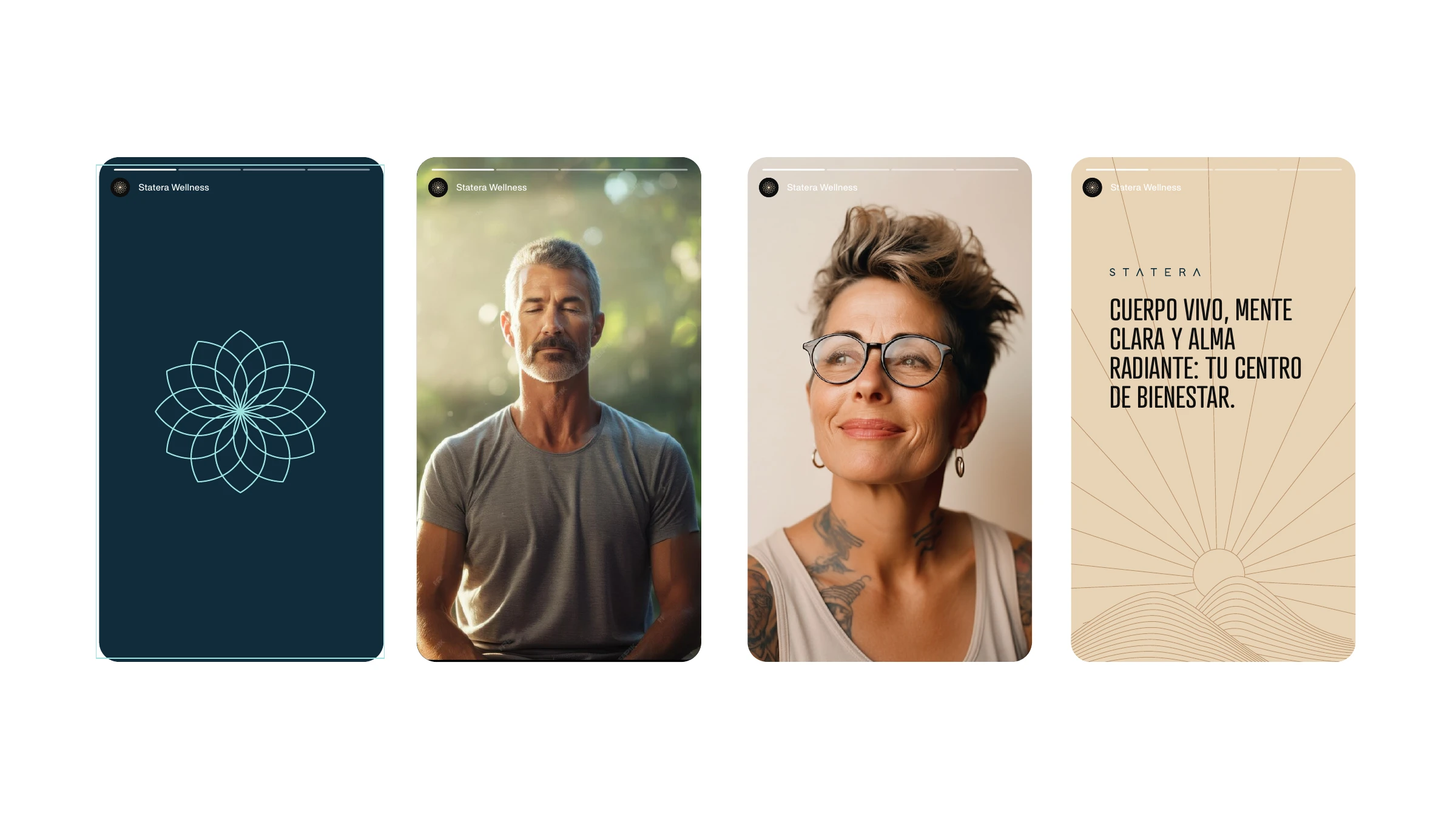 Statera story frames — the lotus mandala, meditation portraits and tu centro de bienestar