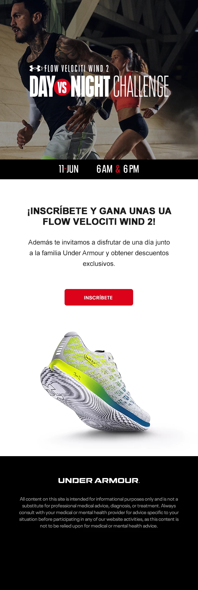 Launch email — 'Inscríbete y gana unas UA Flow Velociti Wind 2' with the product shot