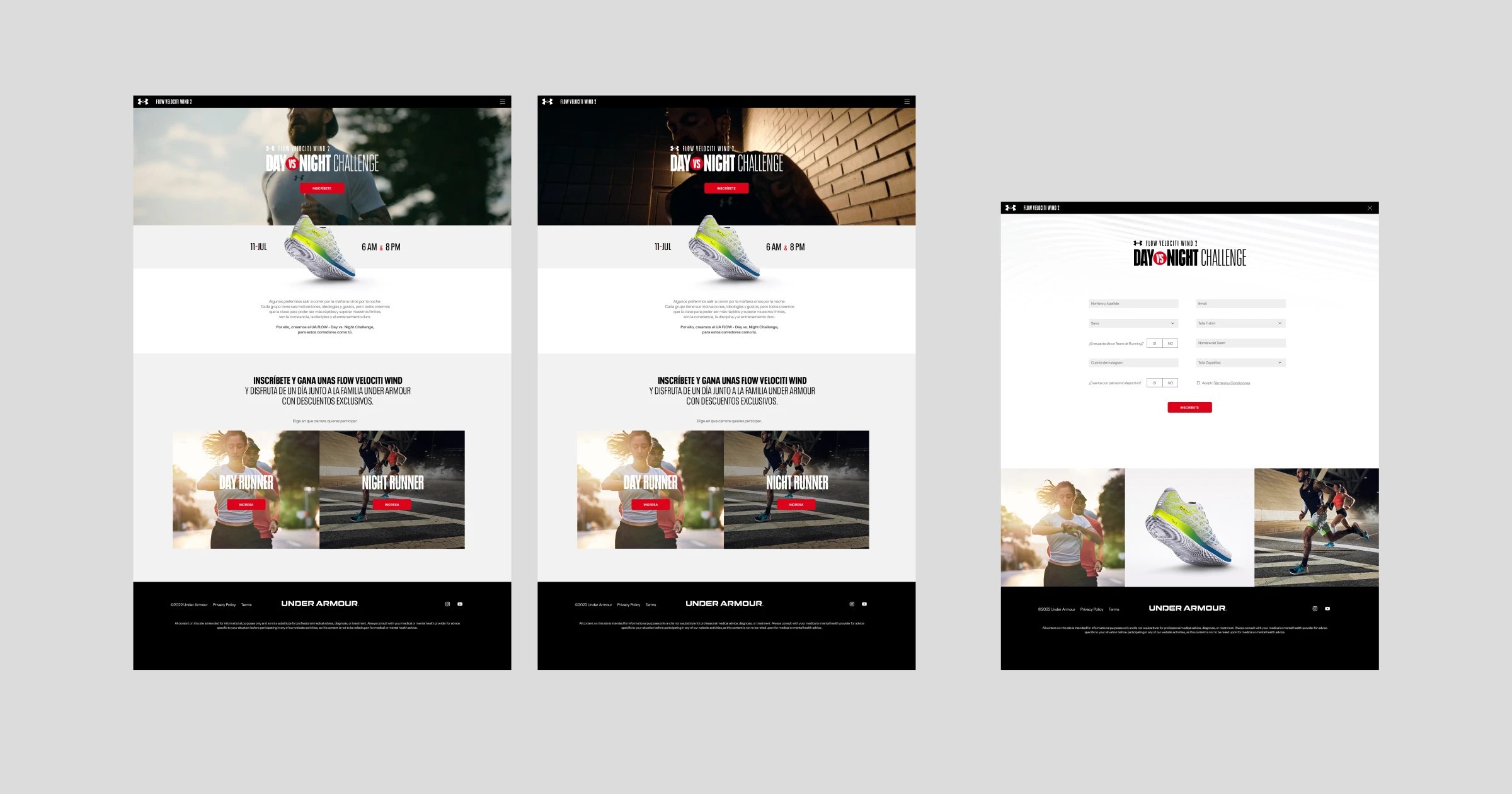 The Day vs Night Challenge landing-page flow shown across three desktop screens