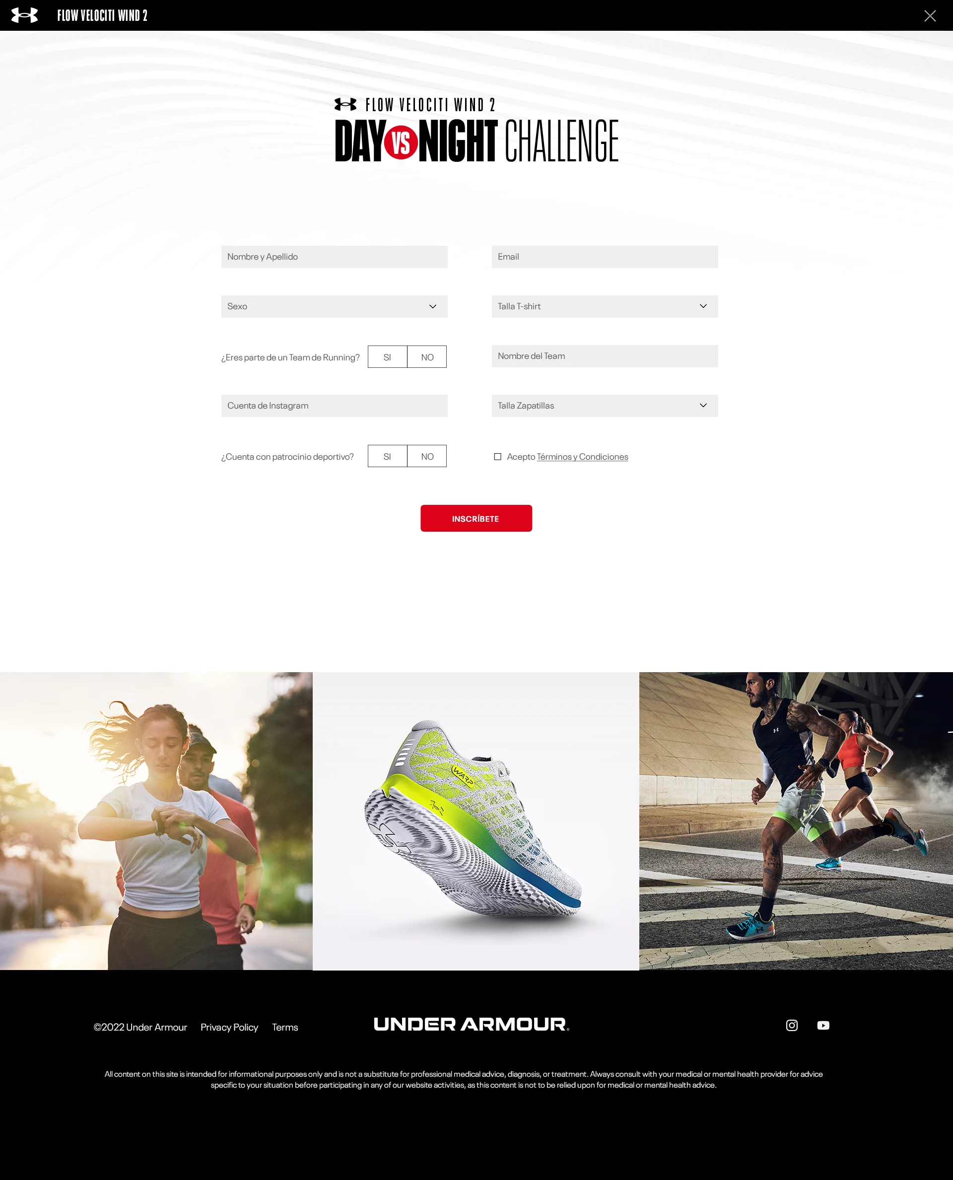 The sign-up form — name, email, sizes, running team and sponsorship questions, and terms