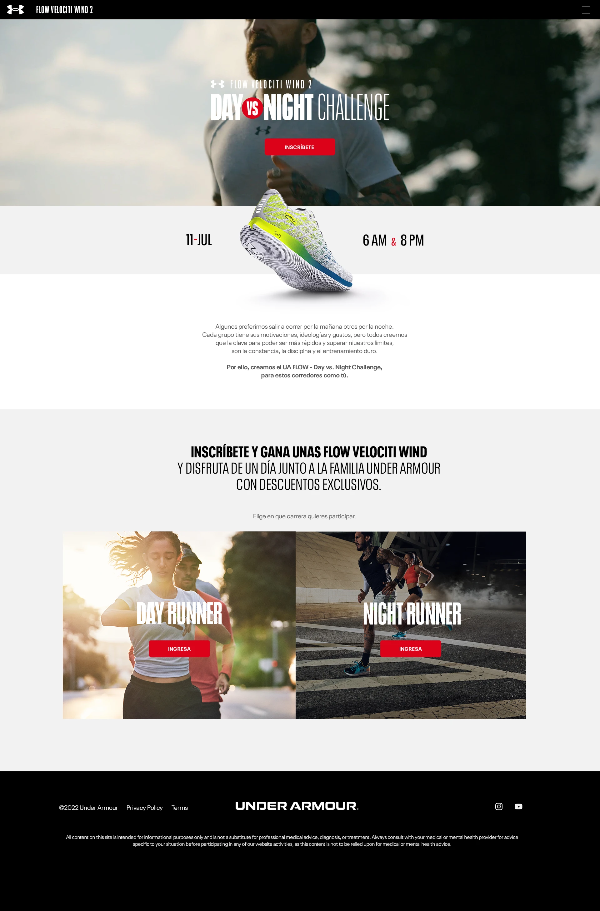 Landing page, day version — bright outdoor hero, event time, the shoe, and Day Runner / Night Runner choice