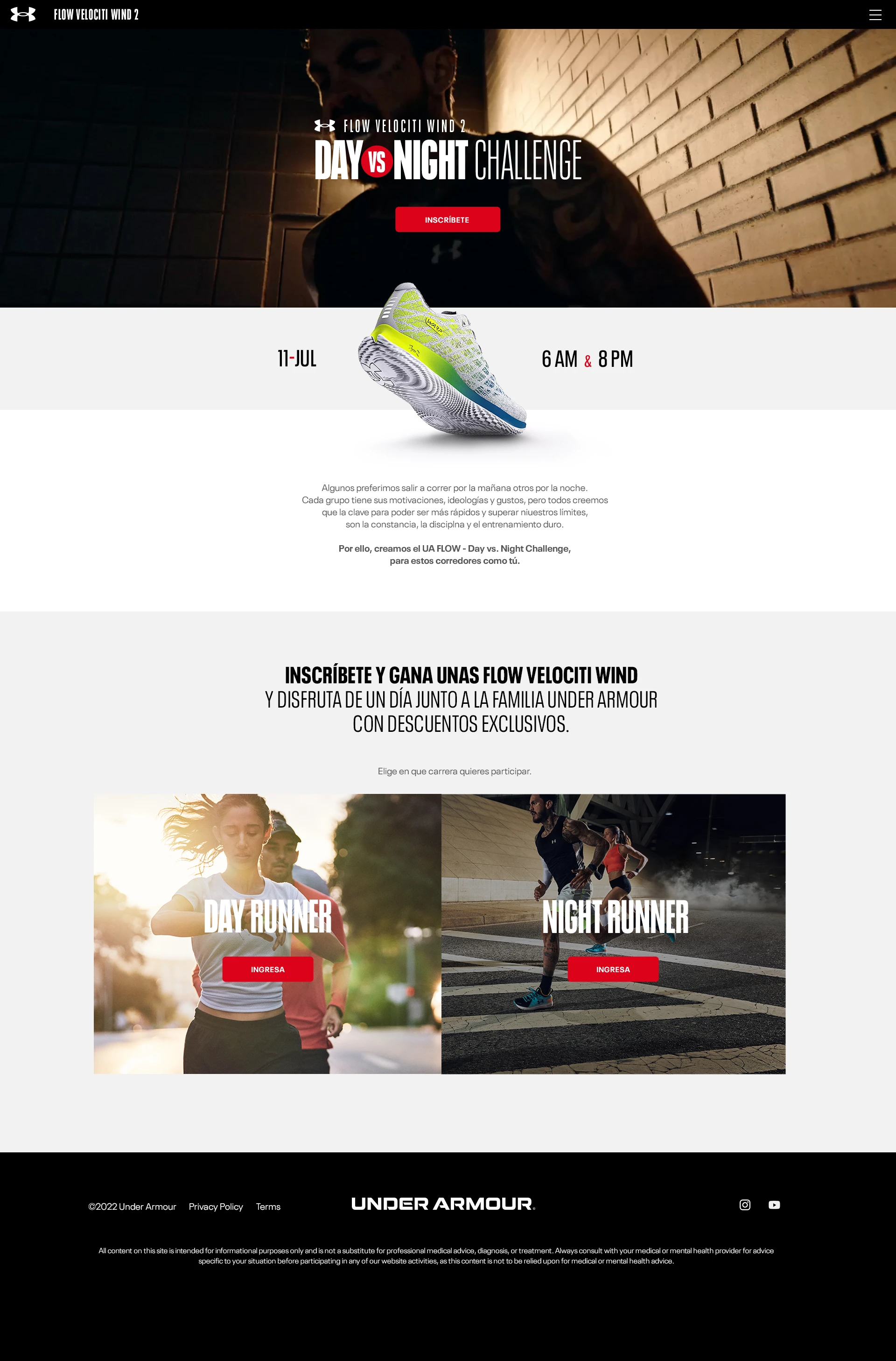Landing page, night version — dark urban hero with the same Day vs Night Challenge flow