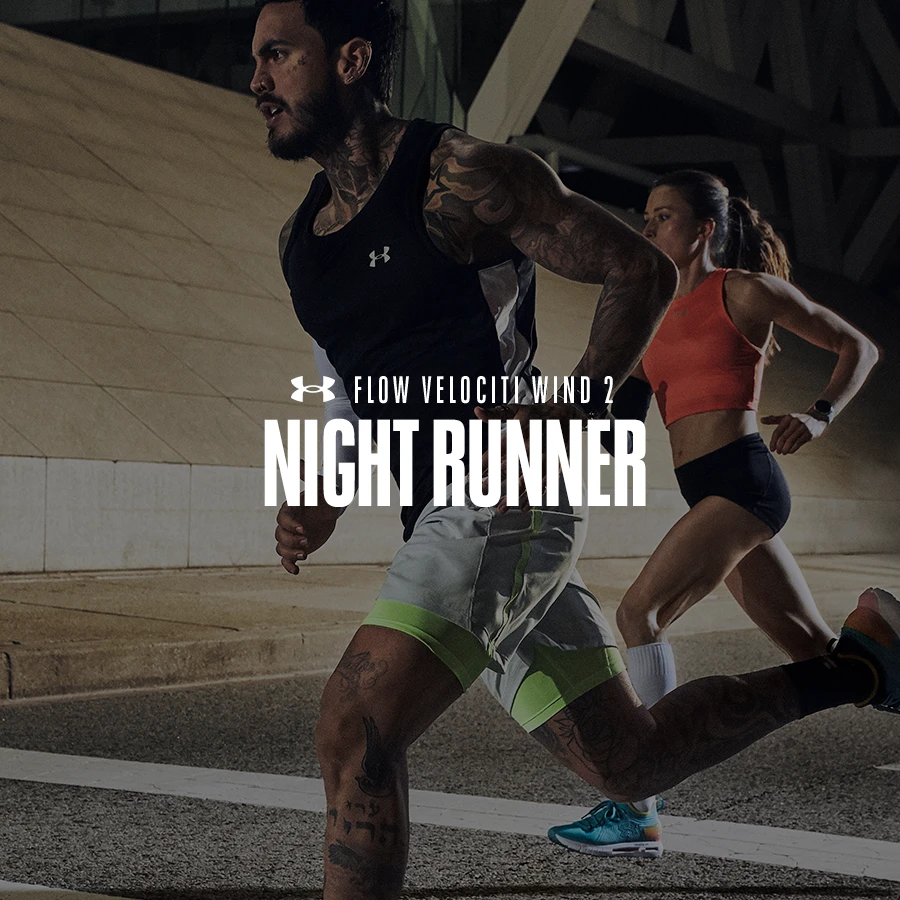 Night Runner tile — runners sprinting through an underpass at night