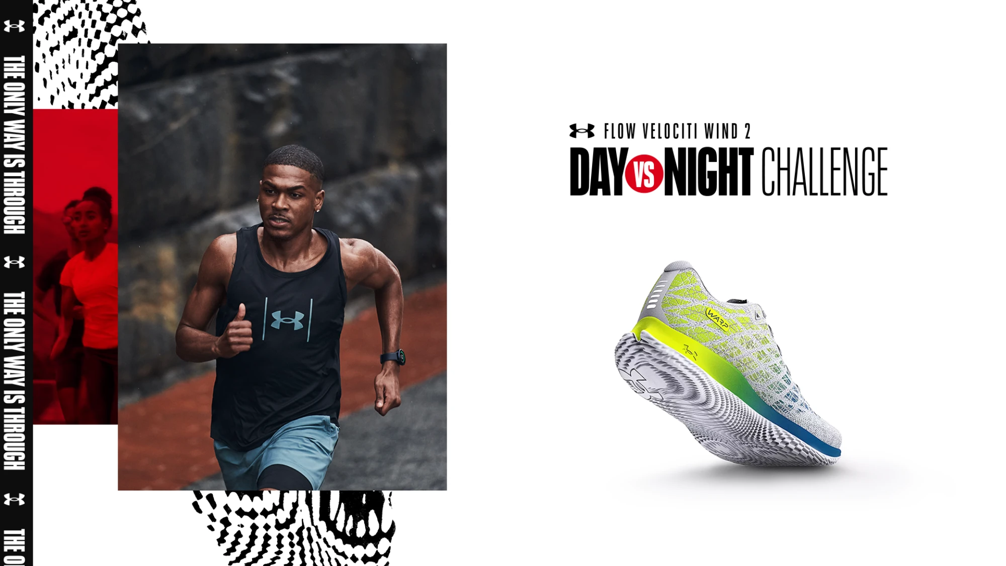 Night key visual — a runner mid-stride beside the Flow Velociti Wind 2 shoe and the 'THE ONLY WAY IS THROUGH' motif