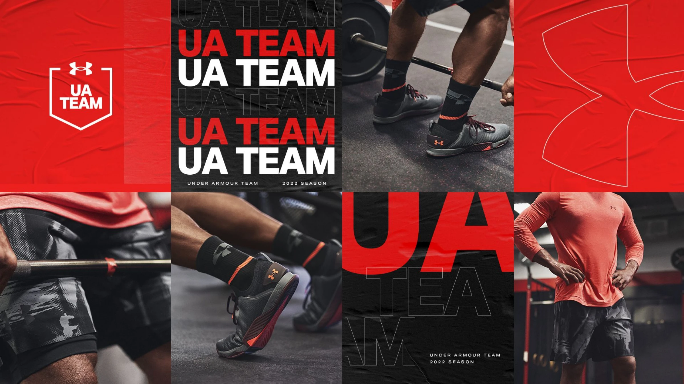 Direction 02 — a training moodboard grid mixing the shield crest, repeated 'UA TEAM' type and gritty gym photography